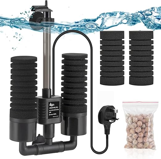 AQQA Aquarium Double Sponge Filter, 3W/5W Quiet Electric Power Fish Tank Filter