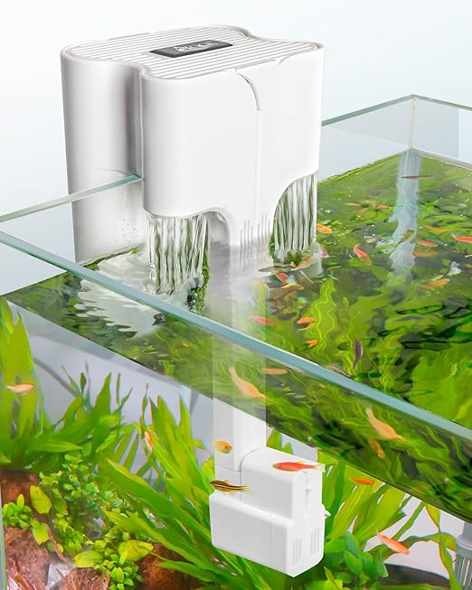 AQQA Fish Tank Filter, Dual Waterfall Hang on Back Filter Aquarium, 420L/h Adjustable Aquarium Filter with 3-stage Filtration, 12W